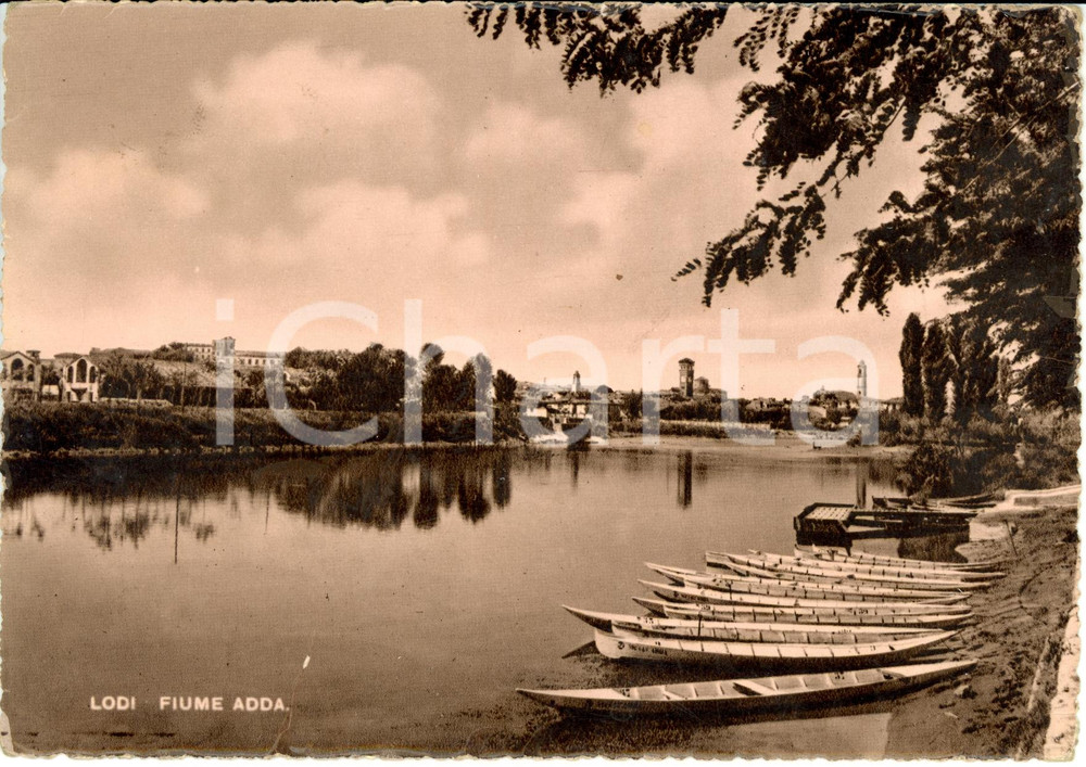 Cartolina originale da collezione 1954 LODI Panorama cittÃ  dal fiume ADDA Cartolina FG VG DANNEGGIATA 1