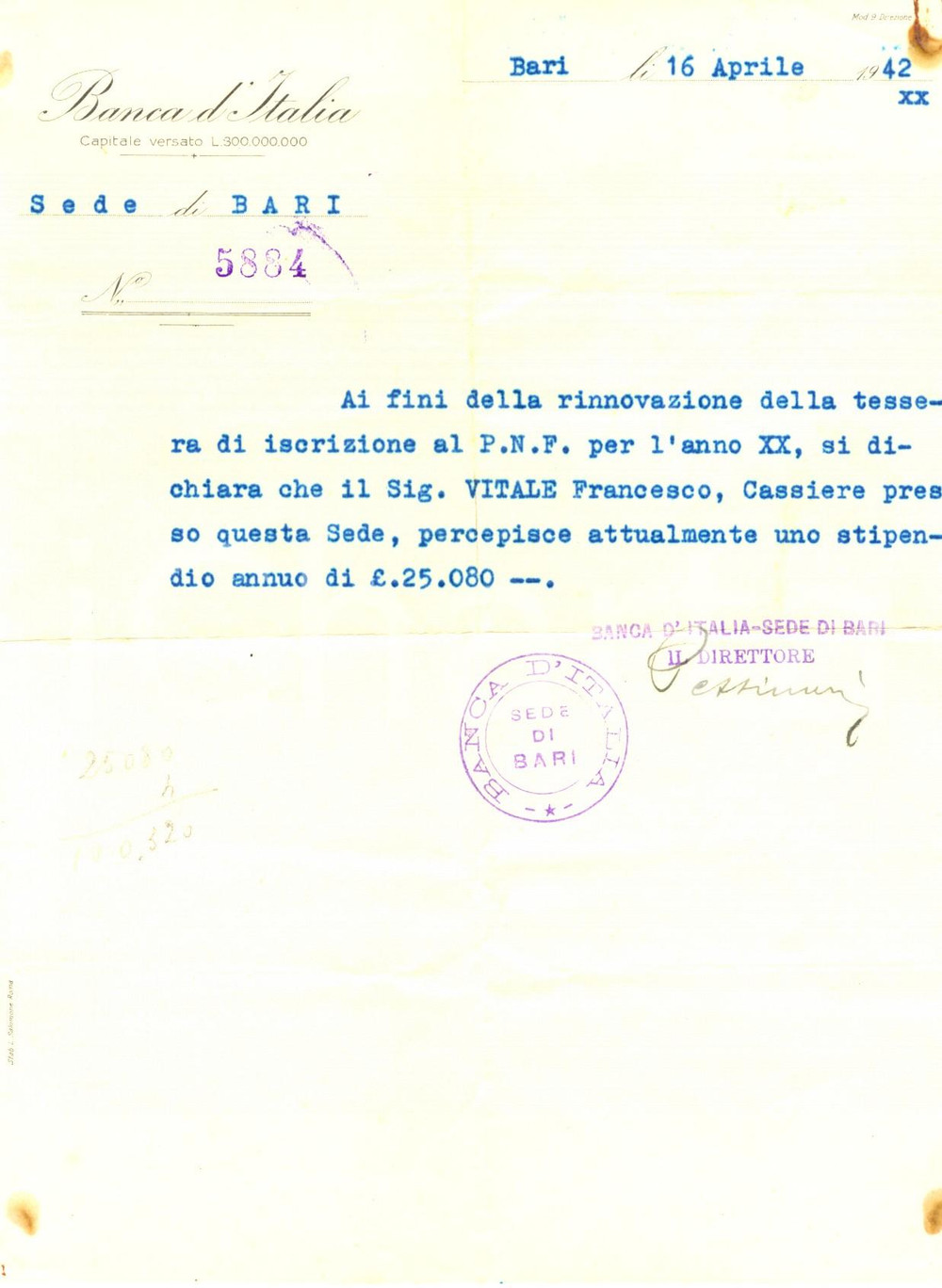 Documento originale, autentico 1942 BARI BANCA D'ITALIA Cassiere Francesco VITALE rinnova tessera PNF Documento 1