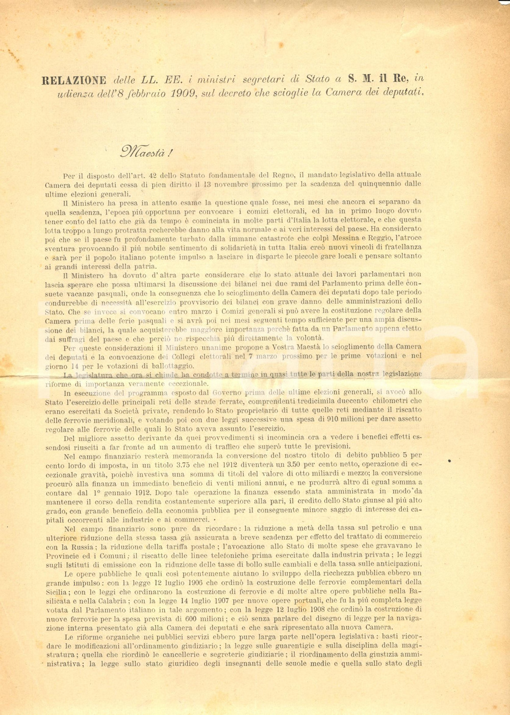 Documento originale, autentico 1909 ROMA Relazione su risultati del Governo GIOLITTI Documento 1