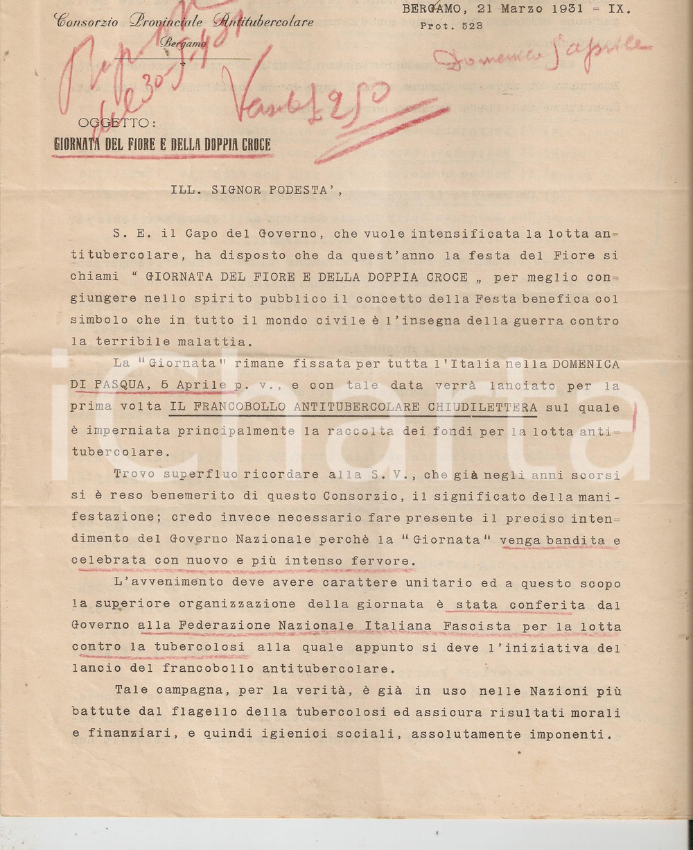 Documento originale, autentico 1931 BERGAMO Francobollo antitubercolare per Giornata DOPPIA CROCE *Documento 1