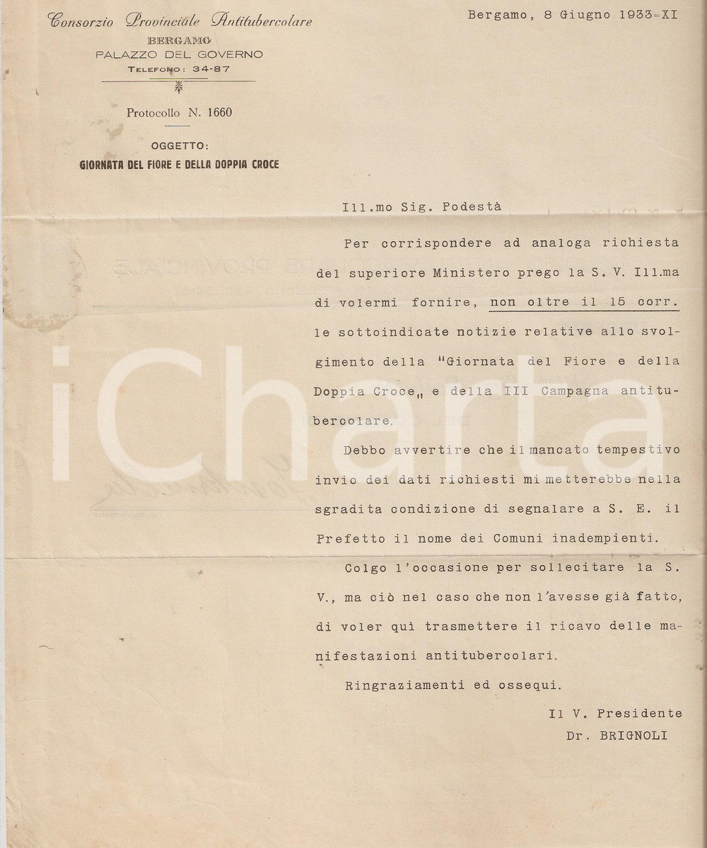 Documento originale, autentico 1933 BERGAMO Esiti Giornata del Fiore e DOPPIA CROCE *Documento 1