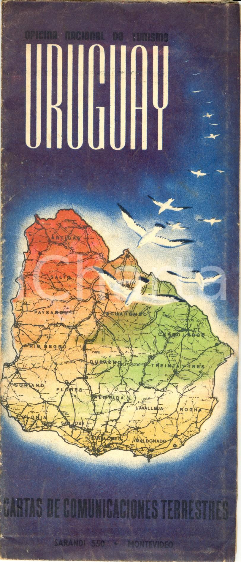 Materiale pubblicitario d’epoca 1950 ca URUGUAY Oficina Nacional de Turismo Mappa pieghevole cm 58 x 71 1