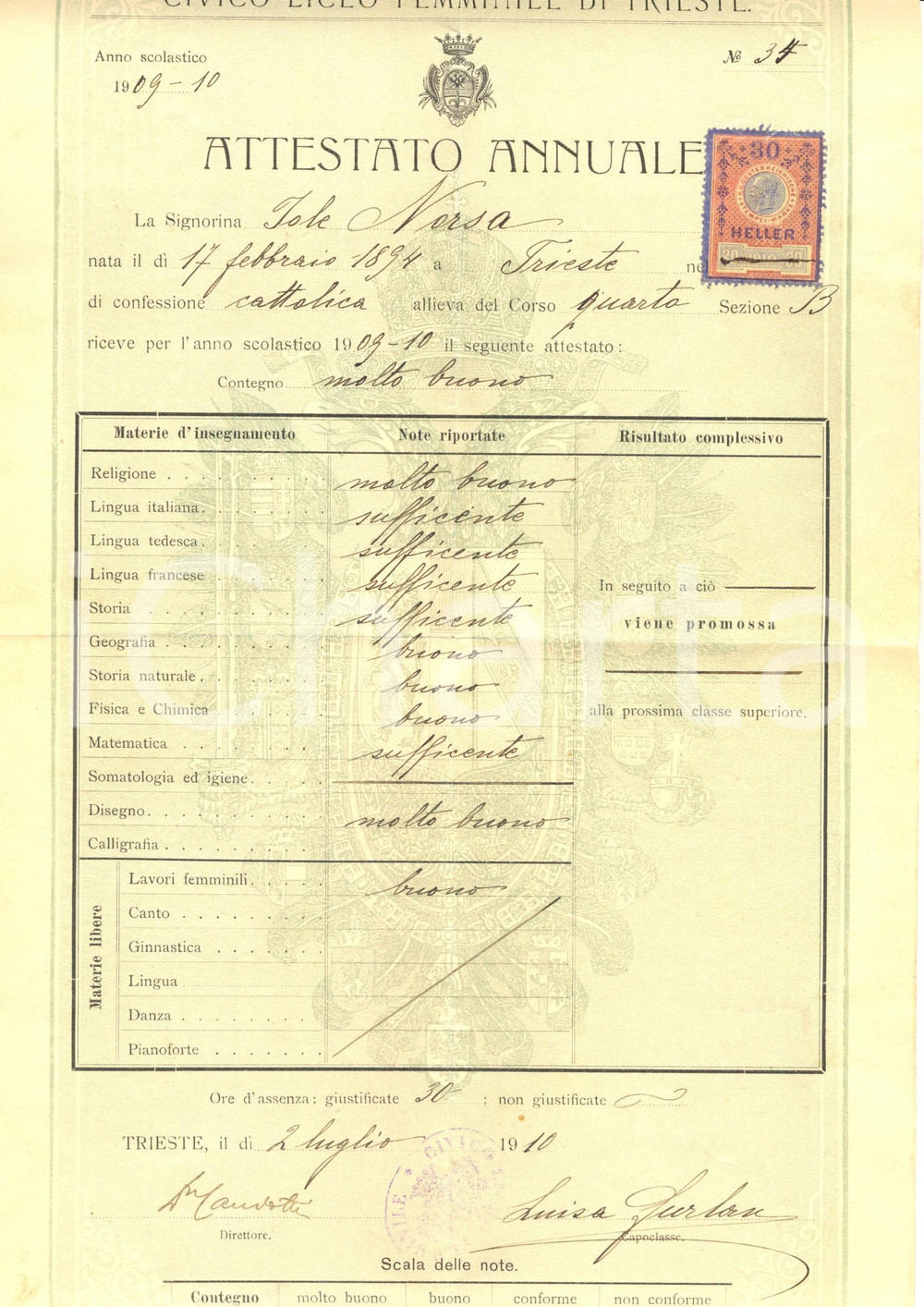 Oggetto da collezione cartaceo 1910 TRIESTE Civico Liceo Femminile Pagella Iole NORSA Documento 1