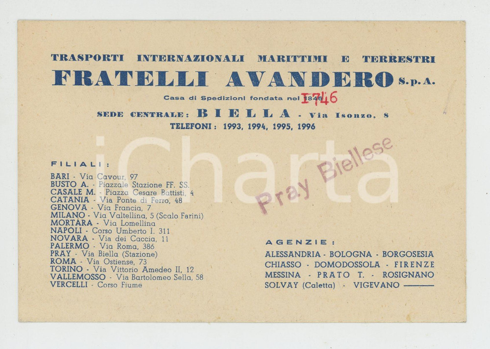 Oggetto da collezione cartaceo 1950 ca PRAY (BI) Fratelli AVANDERO trasporti marittimi terrestri *Biglietto 1