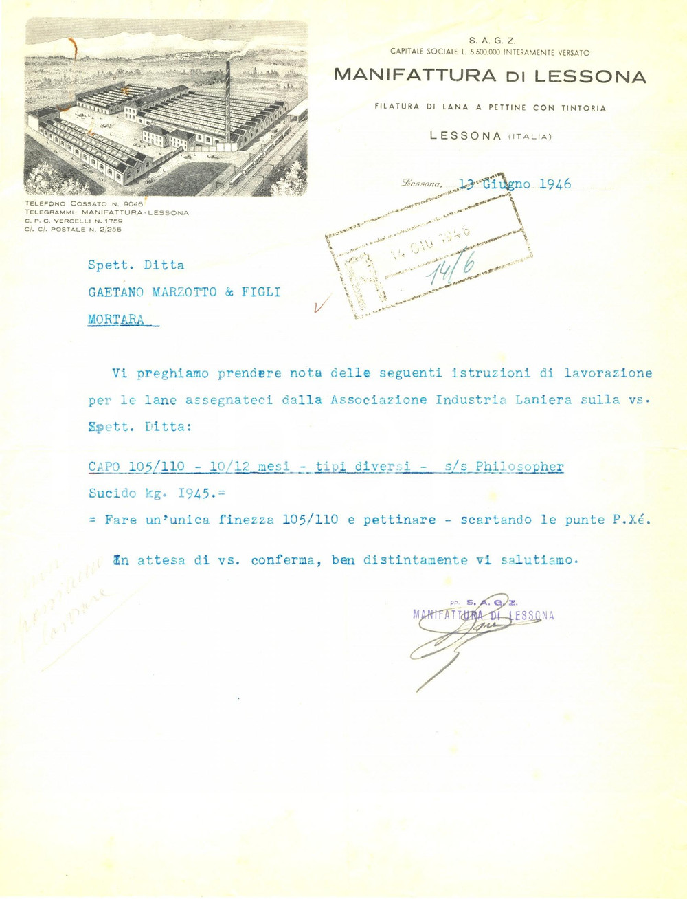Manoscritto, lettera originale 1946 LESSONA (BI) Manifattura e filatura lana *Lettera intestata ILLUSTRATA 1