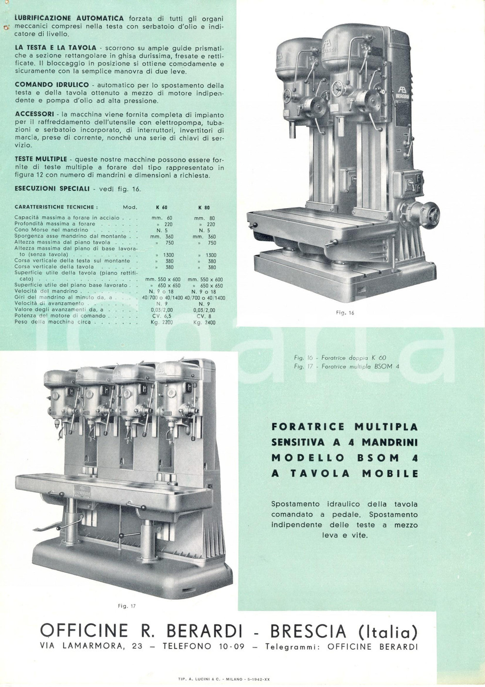 Materiale pubblicitario d’epoca 1942 BRESCIA Officine BERARDI Trapani foratrici meccaniche Volantino 1 1