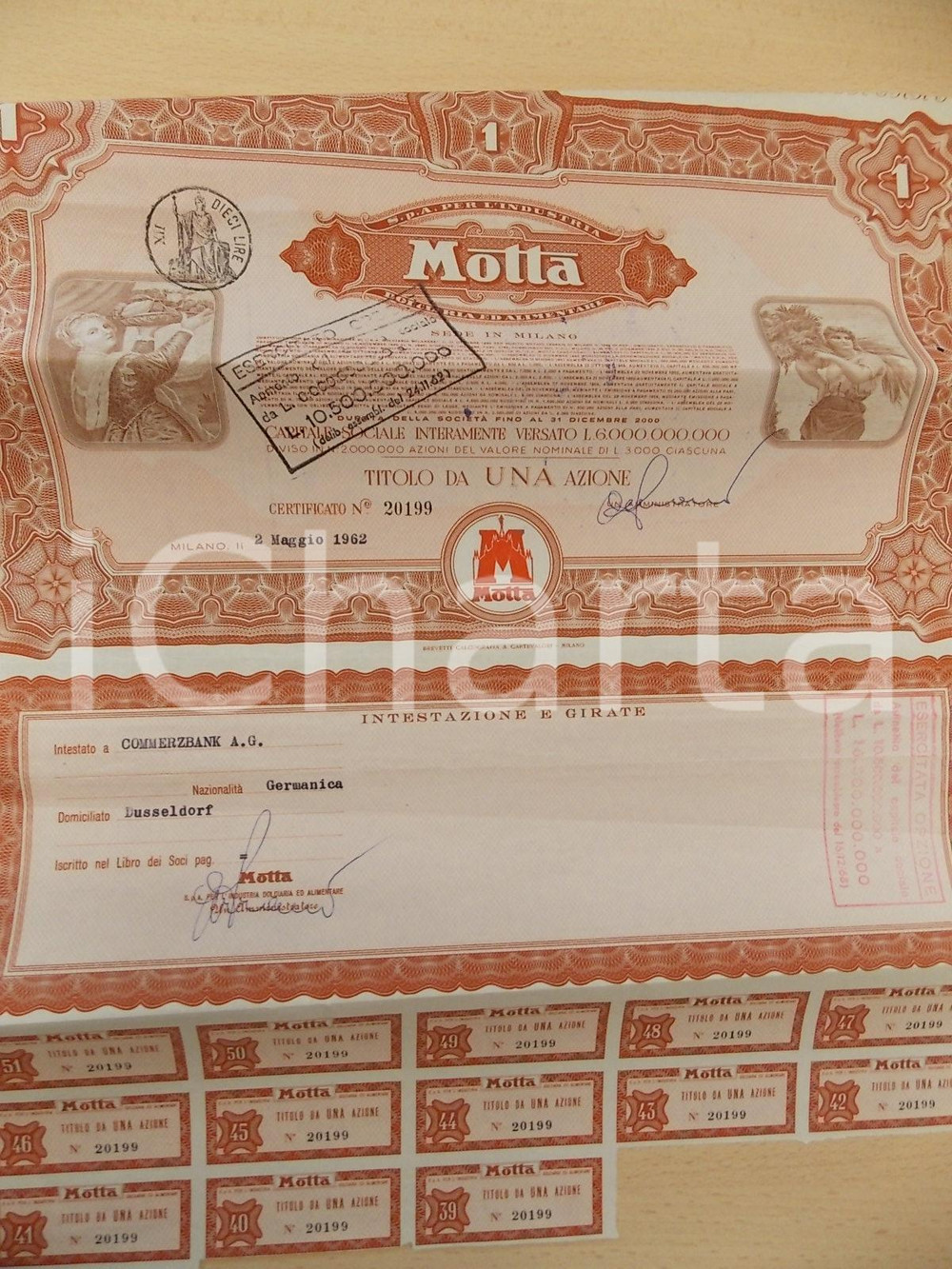 Oggetto da collezione cartaceo 1962 MILANO MOTTA dolciaria ed alimentare Titolo 1 azione con cedole 2 1