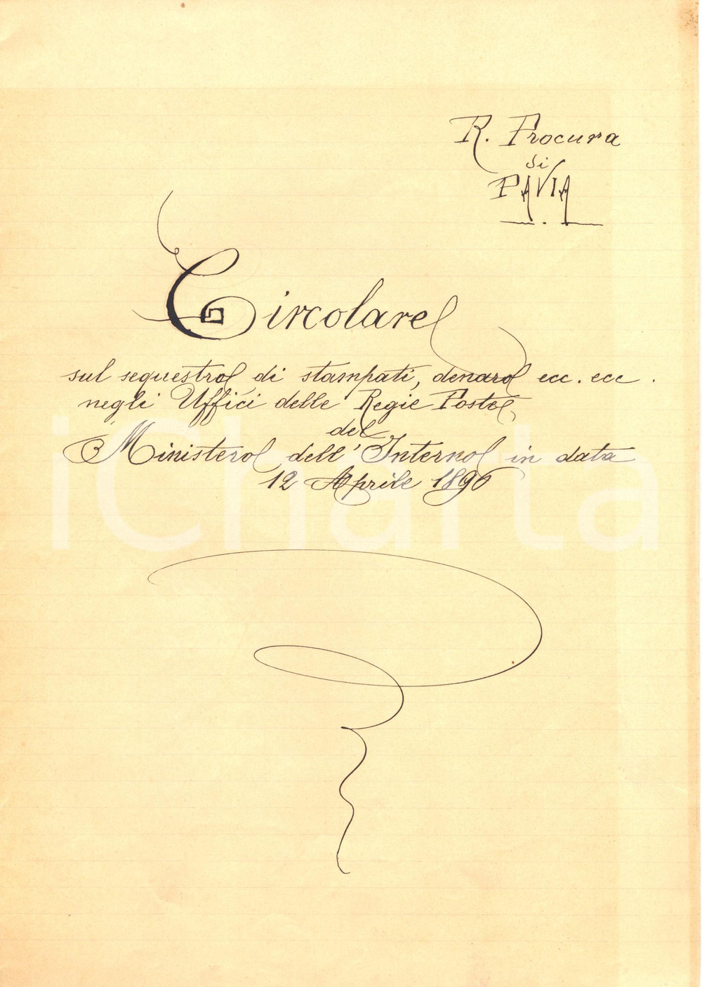 Documento originale, autentico 1896 STORIA POSTALE Sequestro stampati e denaro Uffici REGIE POSTE *Documento 1