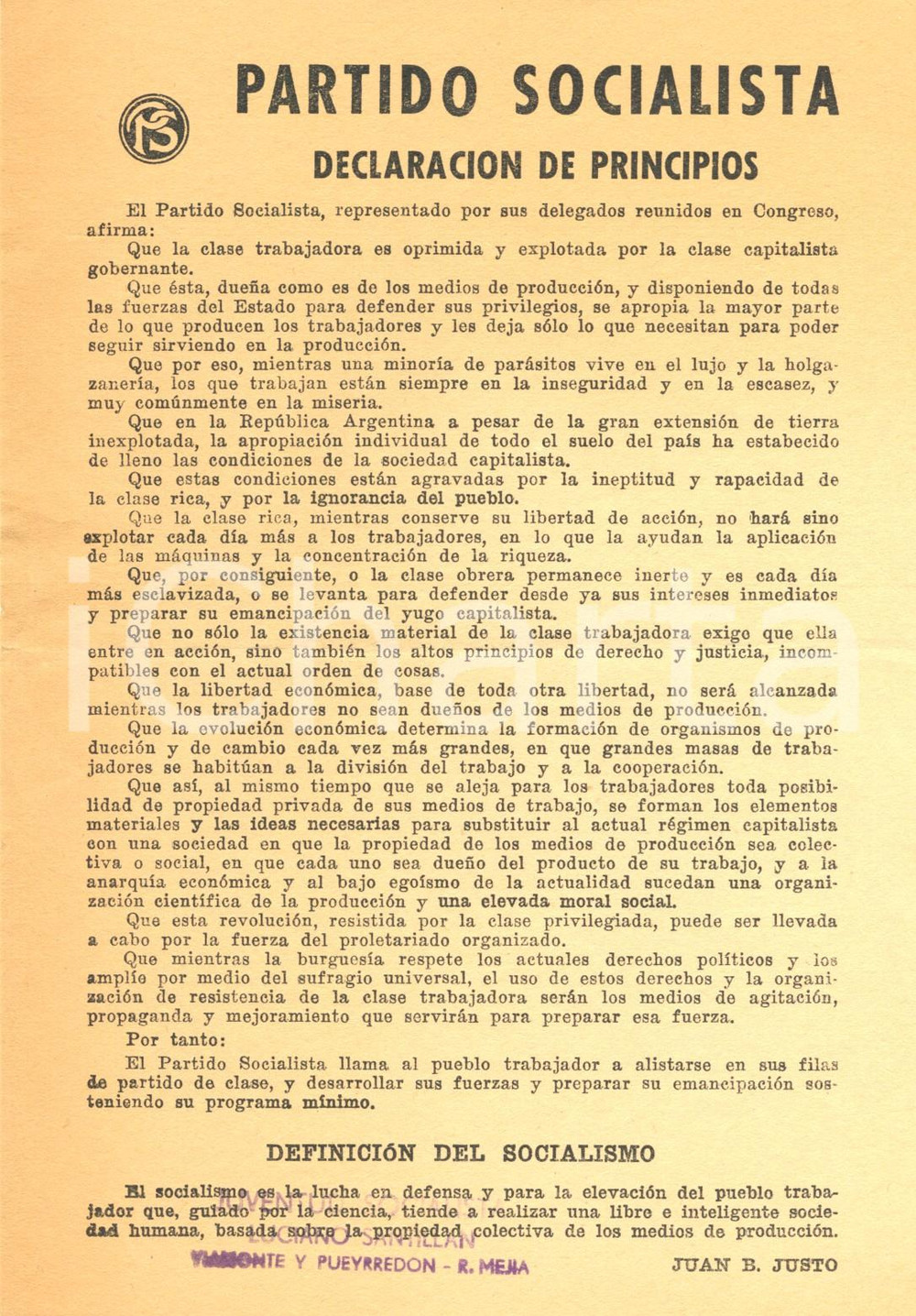 Documento originale, autentico 1930 ca ARGENTINA Juan B. JUSTO Principios Partido Socialista Volantino 2 1