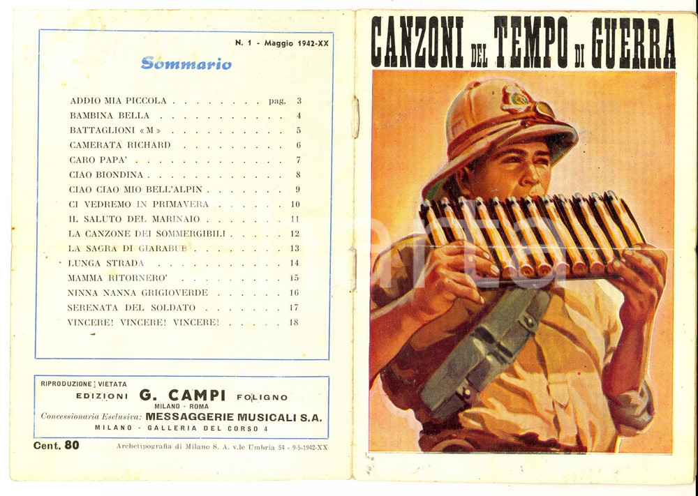 Oggetto da collezione cartaceo 1942 CANZONI DEL TEMPO DI GUERRA Libretto testi pp. 18 DISCO CETRA 1