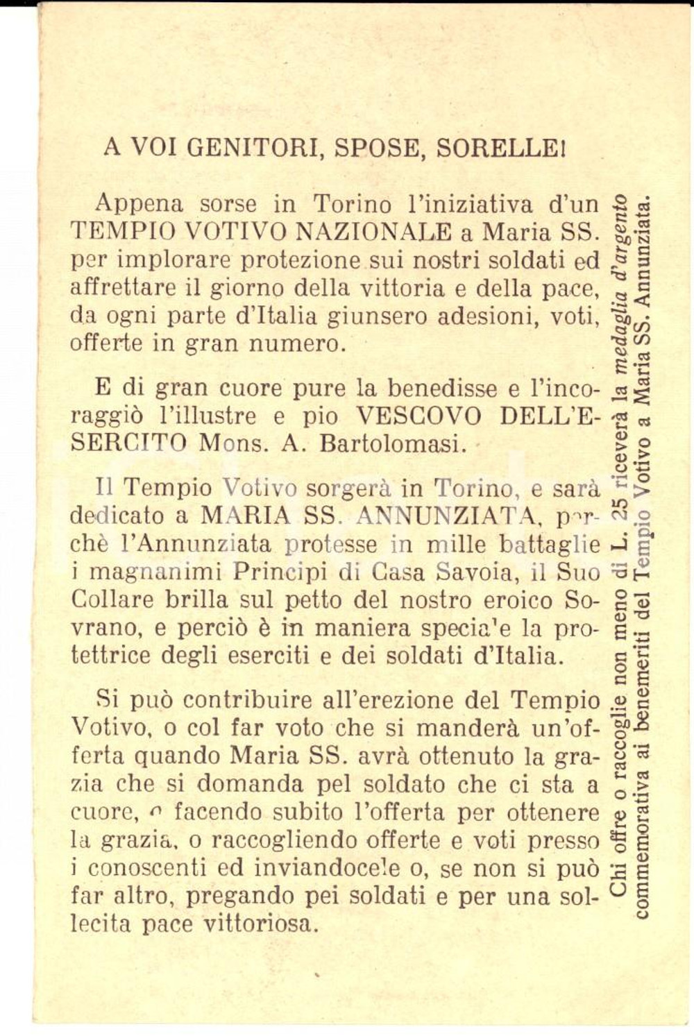Cartolina originale da collezione 1915 ca TORINO Offerte per costruzione chiesa SS. ANNUNZIATA Biglietto 1