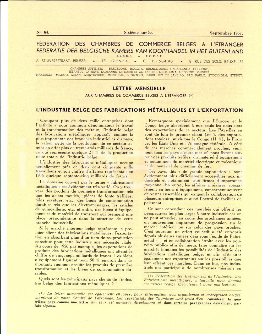 Manoscritto, lettera originale 1957 CHAMBRES DE COMMERCE BELGES Lettre industrie des fabrications mÃ©talliques 1