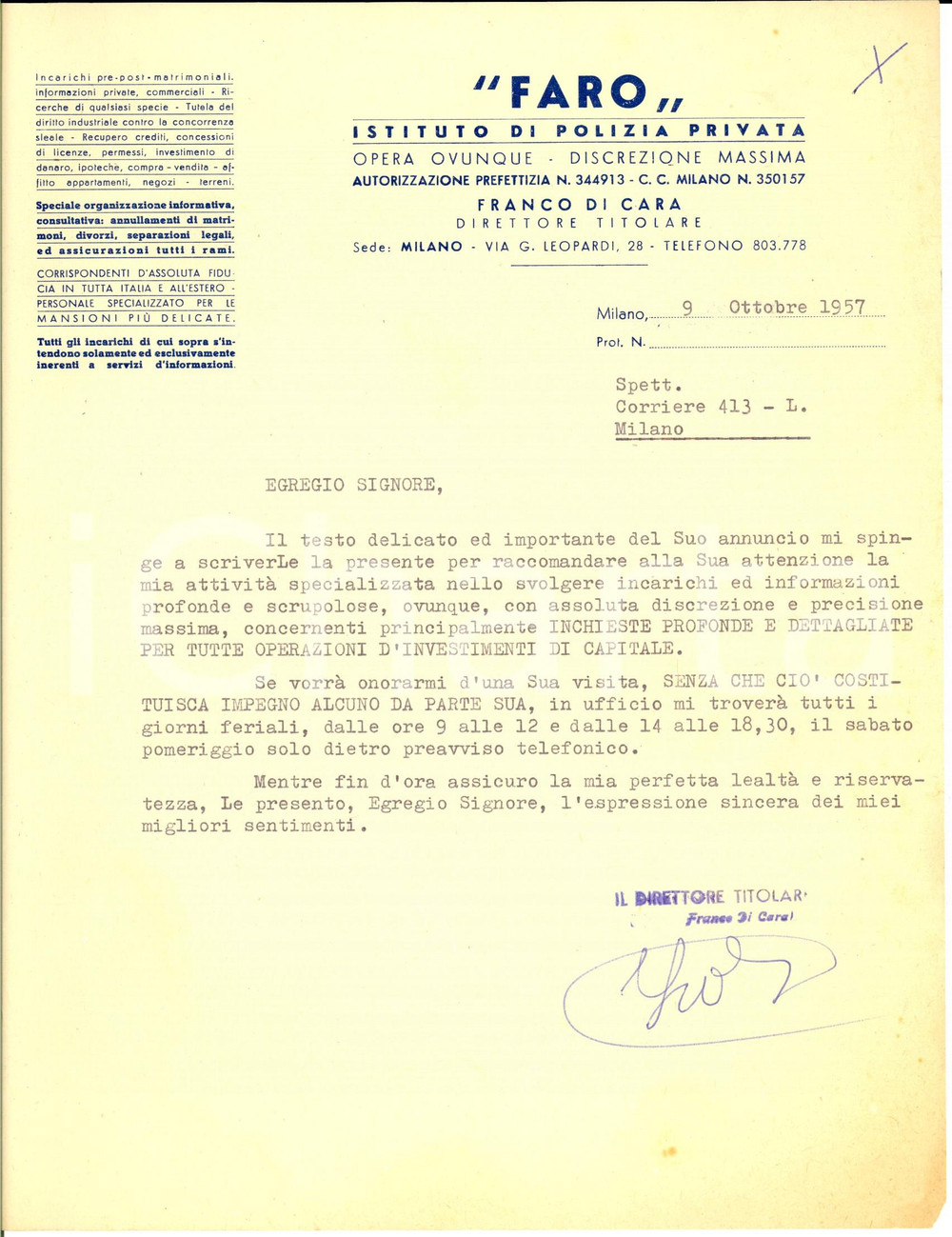 Documento originale, autentico 1957 MILANO Istituto di polizia privata FARO di FRANCO DI CARA Lettera 1