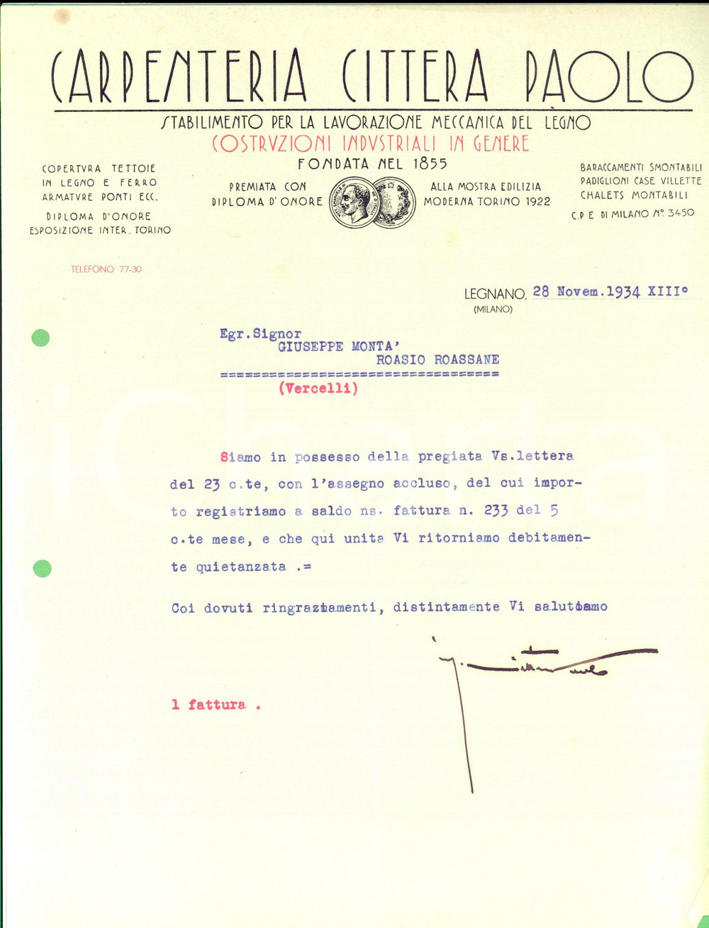Documento originale, autentico 1934 LEGNANO Carpenteria CITTERA PAOLO Lavorazione legno Lettera commerciale 1