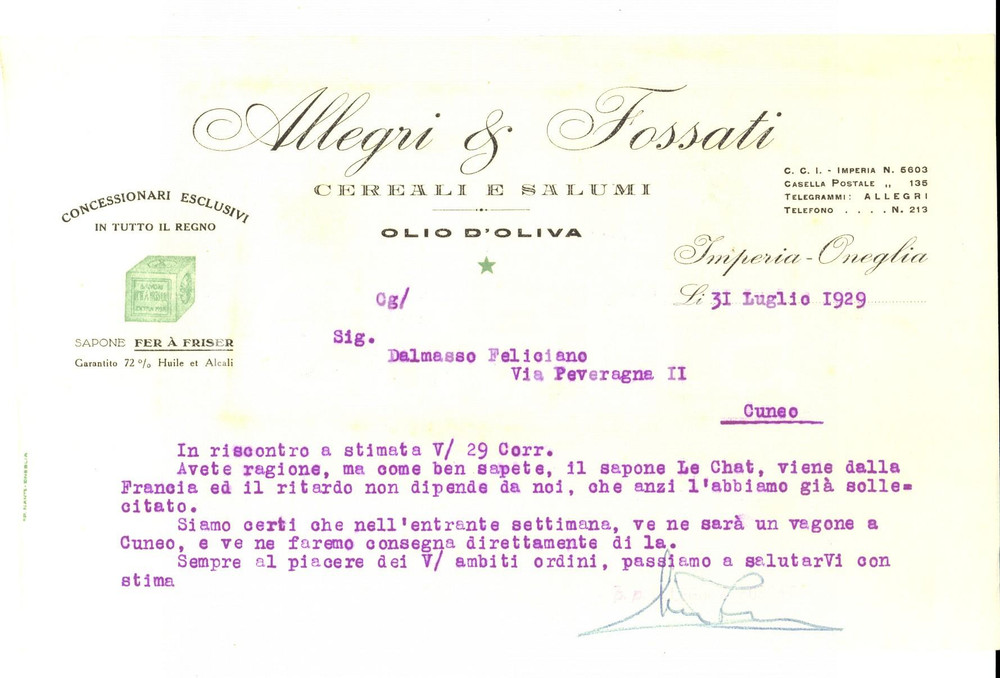 Documento originale, autentico 1929 IMPERIA Ditta ALLEGRI & FOSSATI Olio d oliva, cereali e salumi  Lettera 1