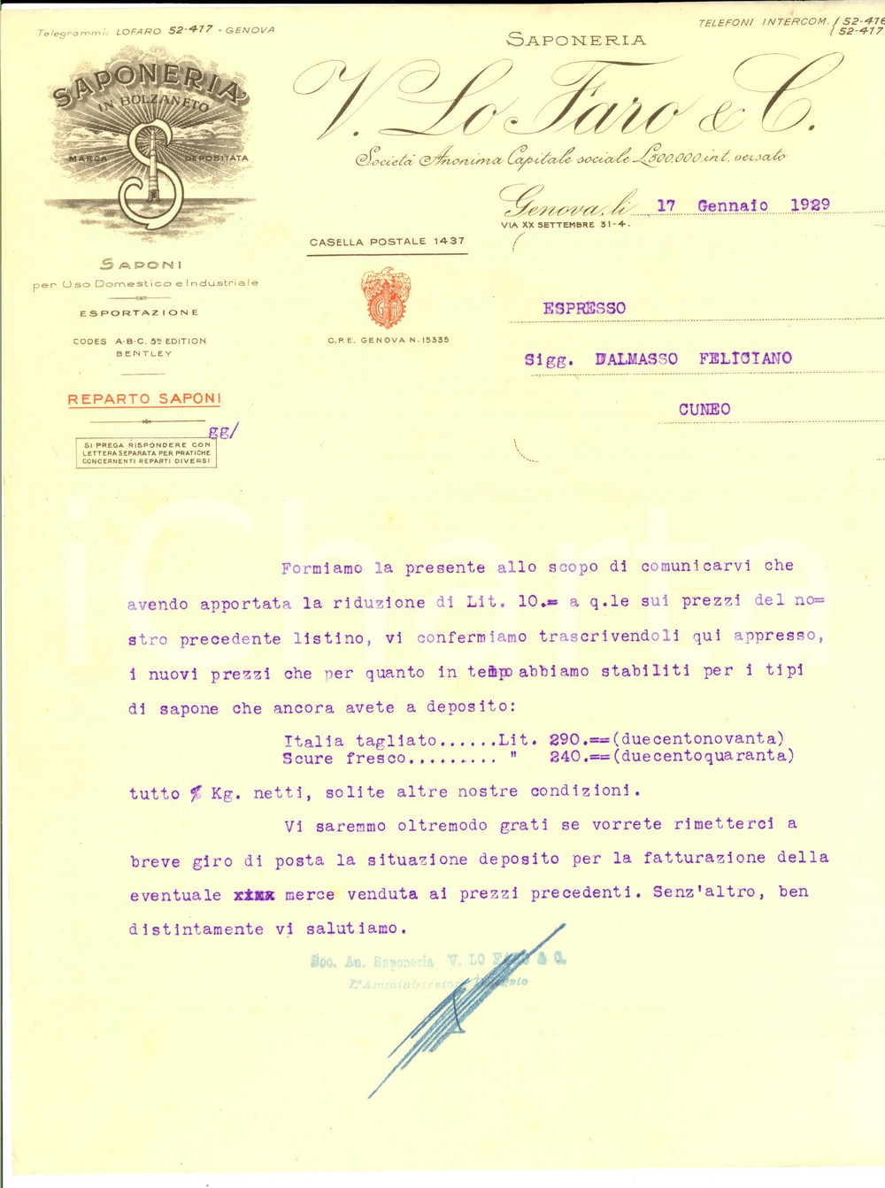 Documento originale, autentico 1929 GENOVA Saponeria V. LO FARO Lettera per listino sapone ITALIA intestata 1