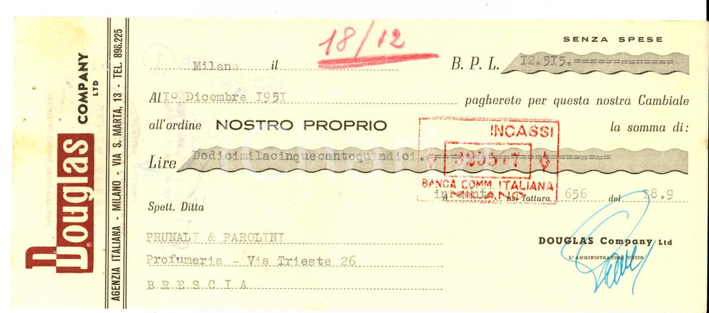 Oggetto da collezione cartaceo 1951 MILANO Via Santa Marta Ditta DOUGLAS Agenzia italiana Assegno pubblicitario 1