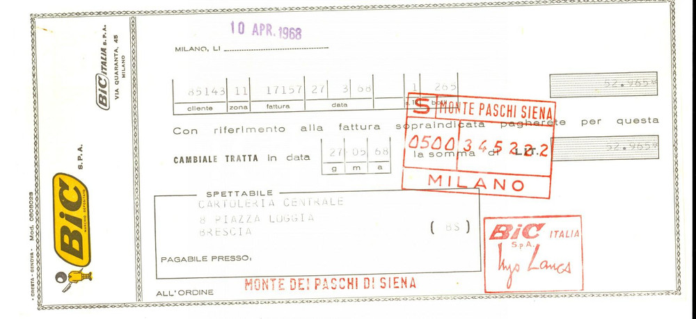 Oggetto da collezione cartaceo 1968 MILANO via Quaranta  Ditta BIC spa penne  Assegno pubblicitario 1