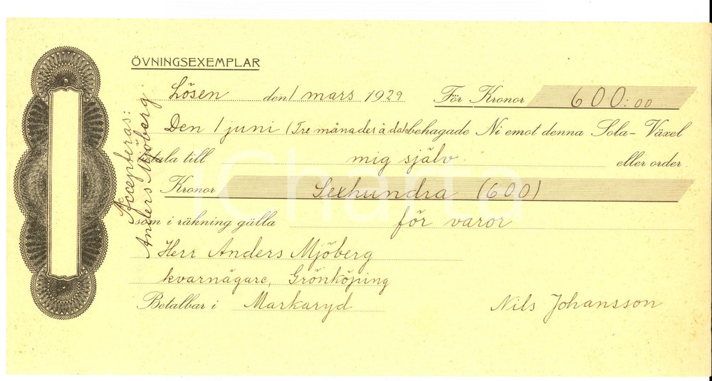 Oggetto da collezione cartaceo 1929 MARKARYD SVERIGE Facsimile cambiale per esercitazione scolastica 1