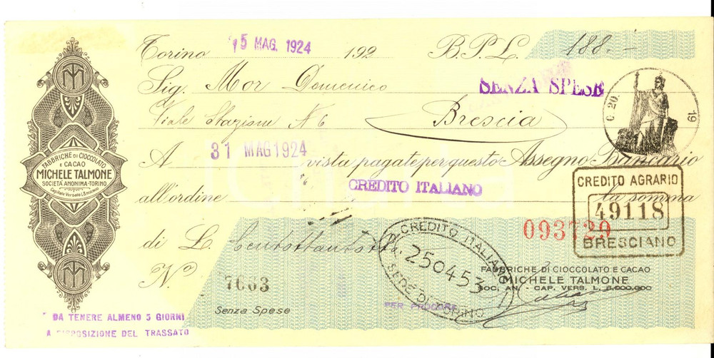Oggetto da collezione cartaceo 1924 TORINO Ditta Michele TALMONE Fabbriche di cioccolato Assegno pubblicitario 1