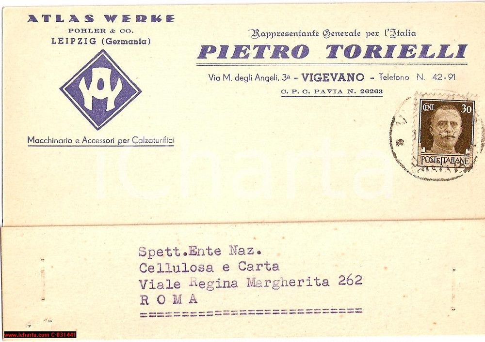Cartolina originale da collezione 1941 ATLAS WERKE  PIETRO TORIELLI VIGEVANO Macchine per calzaturifici Cartolina 1