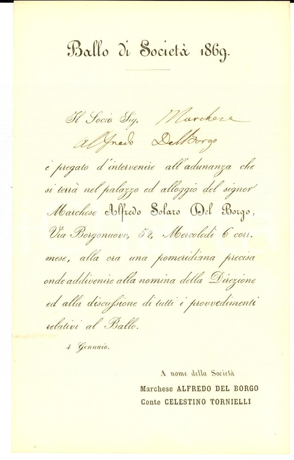 Manoscritto, lettera originale 1869 TORINO Ballo di societÃ  marchese Alfredo SOLARI DEL BORGO - Invito 1