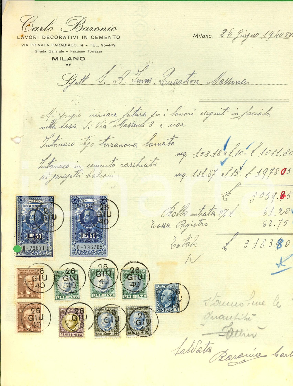 Documento originale, autentico 1940 MILANO Carlo BARONIO lavori decorativi in cemento *Fattura con bolli 1