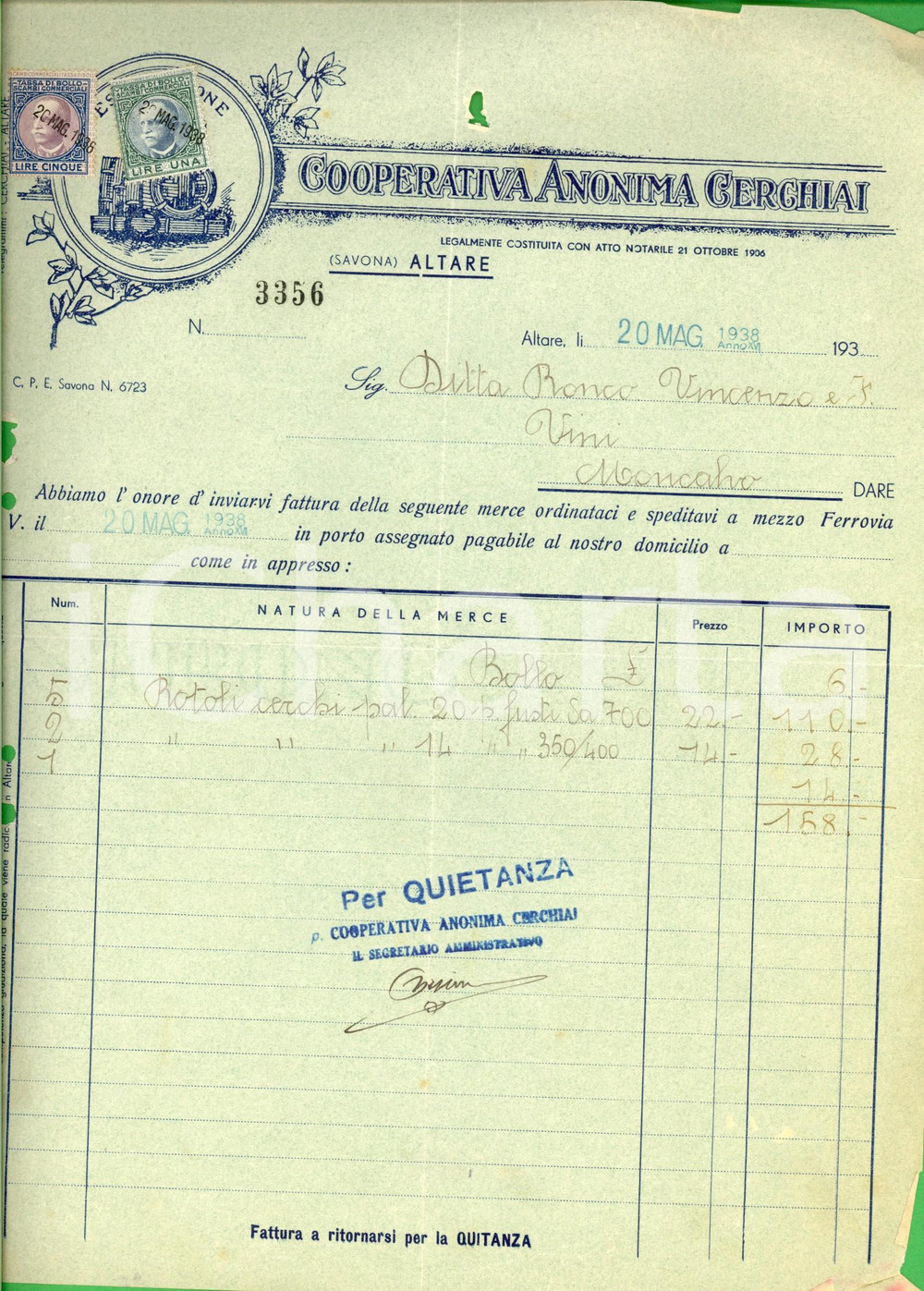 Documento originale, autentico 1938 ALTARE (SV) Cooperativa Anonima Cerchiai *Fattura commerciale intestata 1