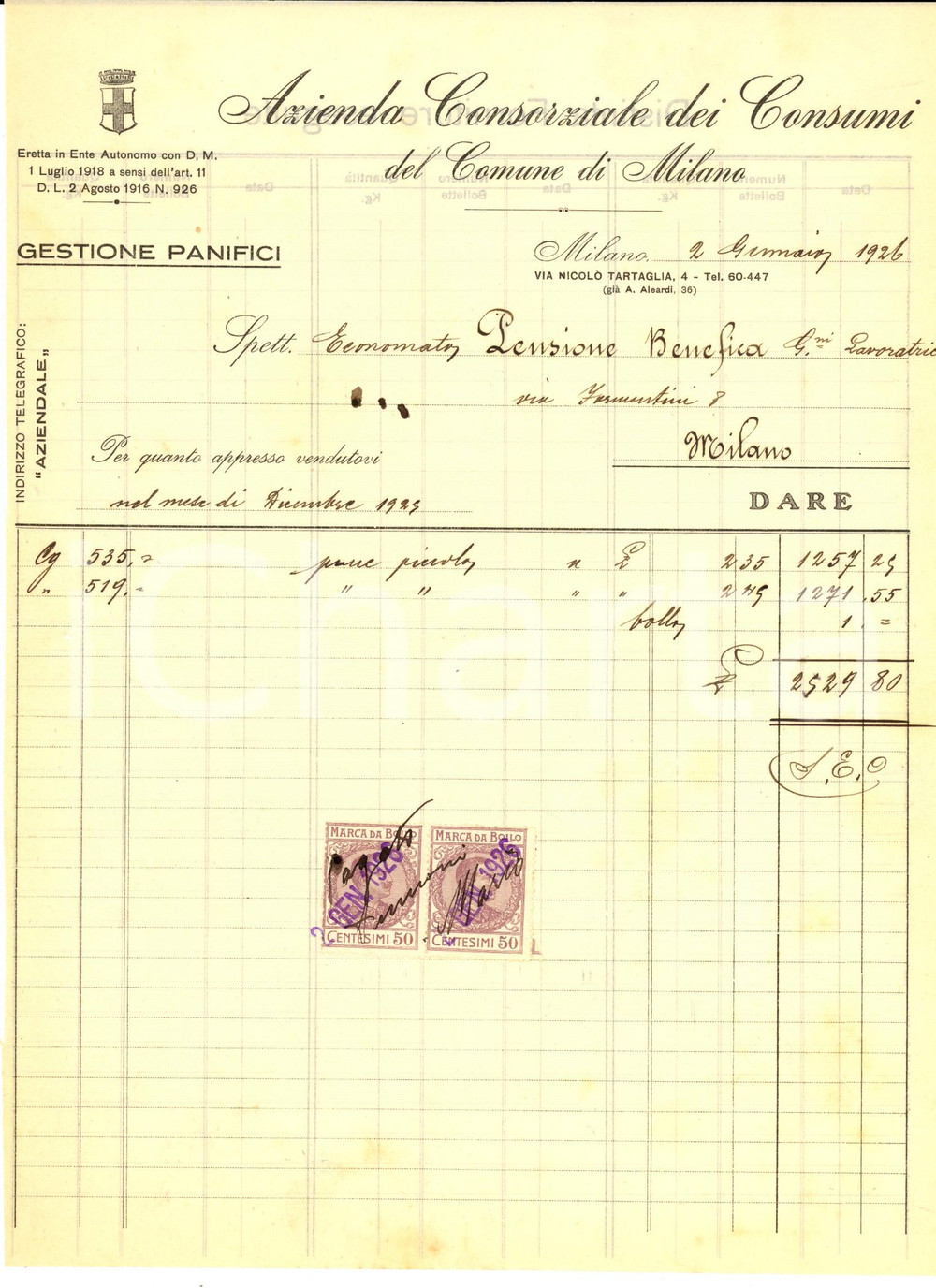 Documento originale, autentico 1926 MILANO Via Tartaglia 4 Azienda Consorziale dei Consumi  Panifici Fattura 1