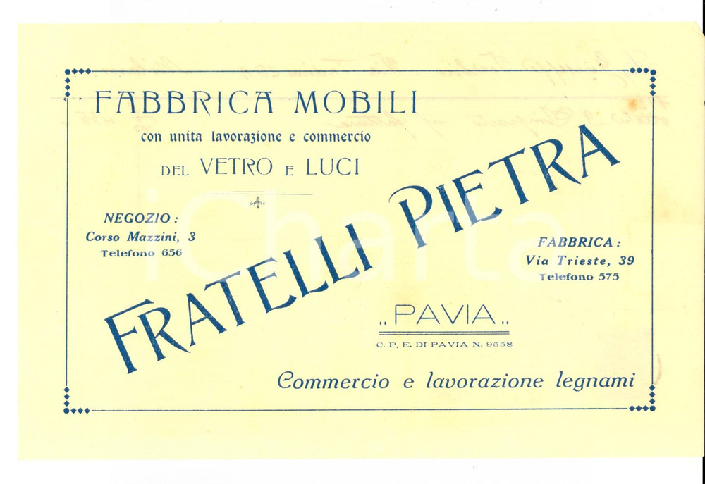 Documento originale, autentico 1925 PAVIA Corso Mazzini 3 Fabbrica mobili FRATELLI PIETRA Memorandum intestato 1