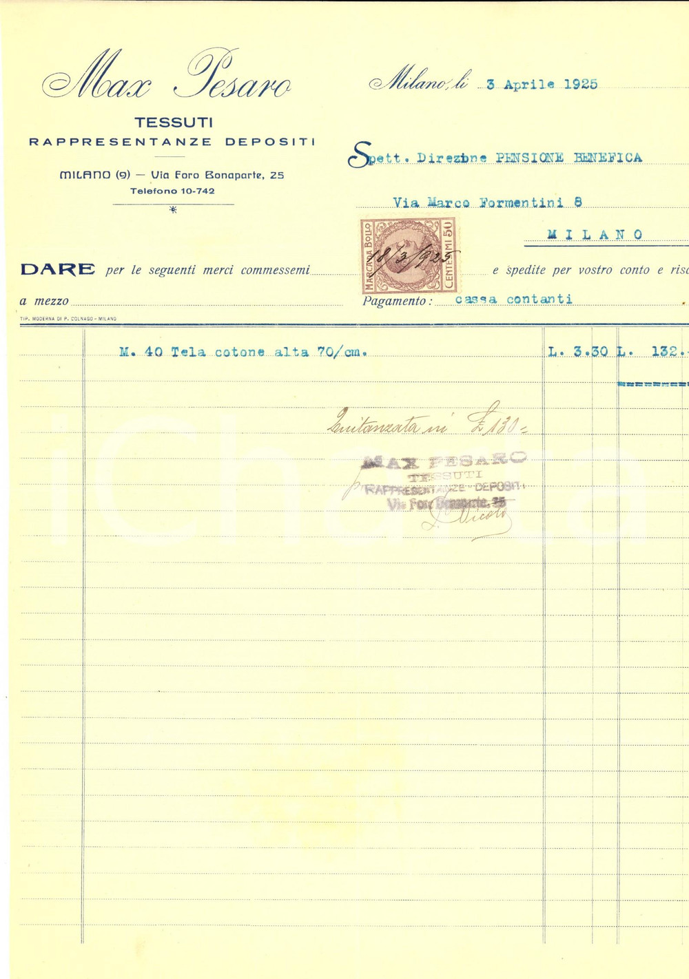 Documento originale, autentico 1925 MILANO Max PESARO Tessuti - Rappresentanze depositi *Fattura intestata 1
