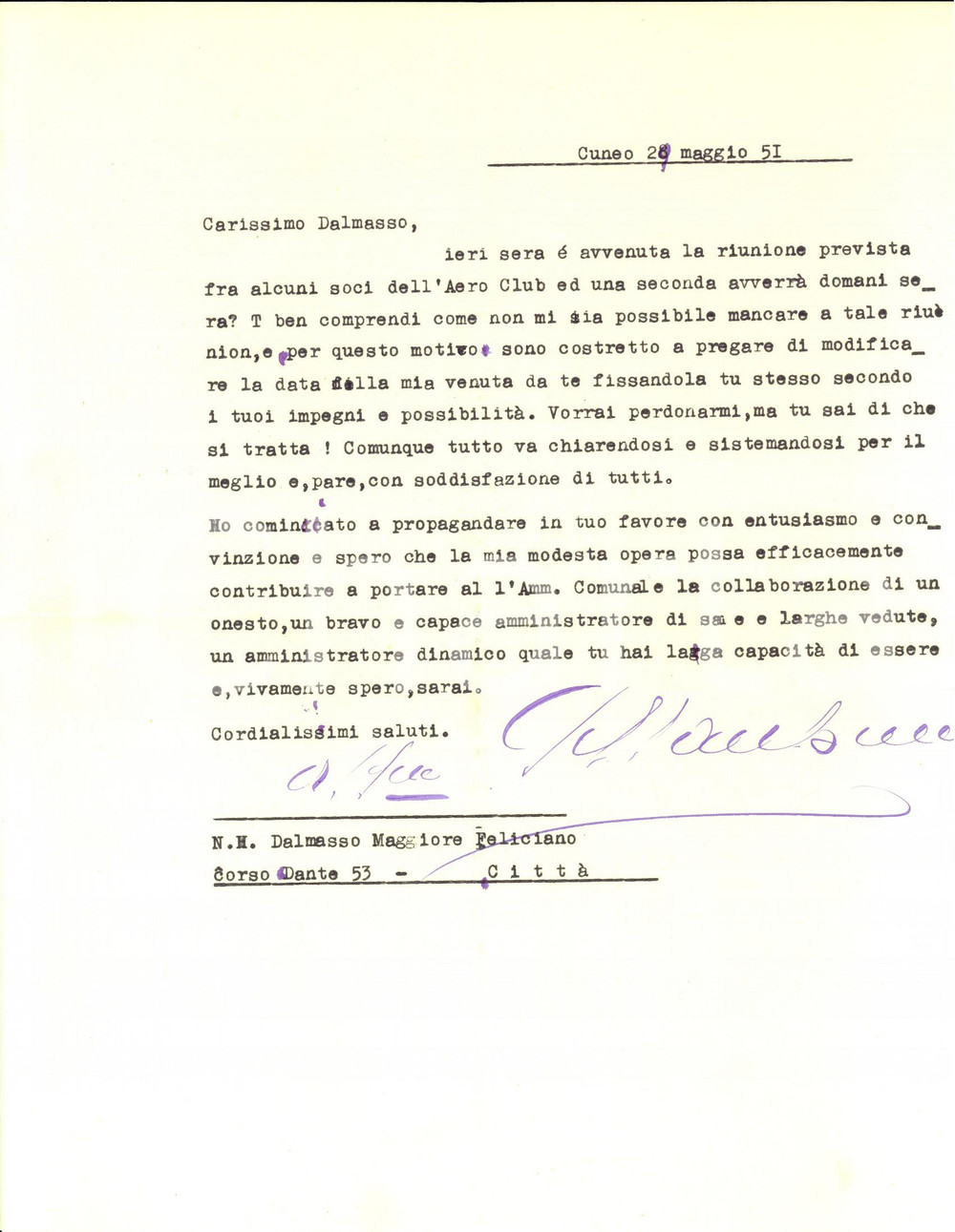 Manoscritto, lettera originale 1951 CUNEO AERO CLUB Lettera pro maggiore Feliciano DALMASSO 1