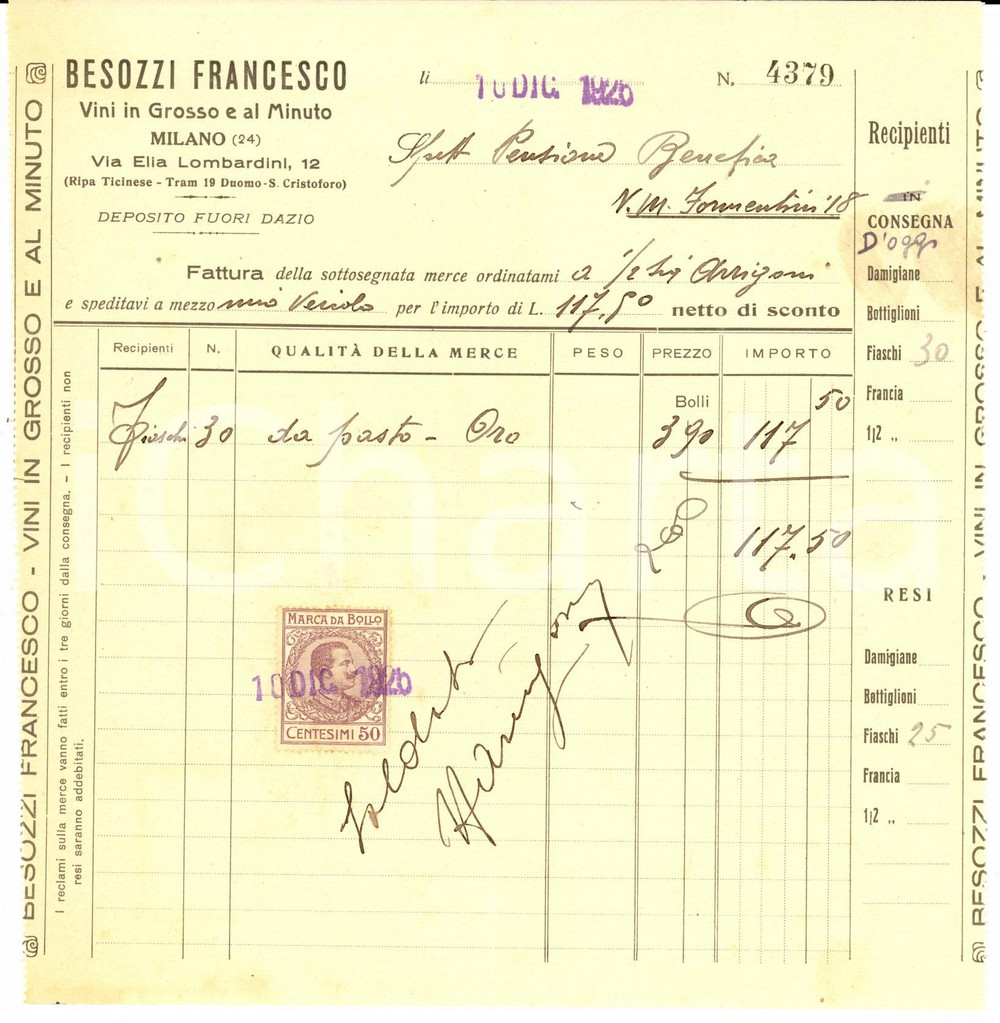 Documento originale, autentico 1926 MILANO Ditta BESOZZI Francesco vini all'ingrosso e minuto *Fattura 1