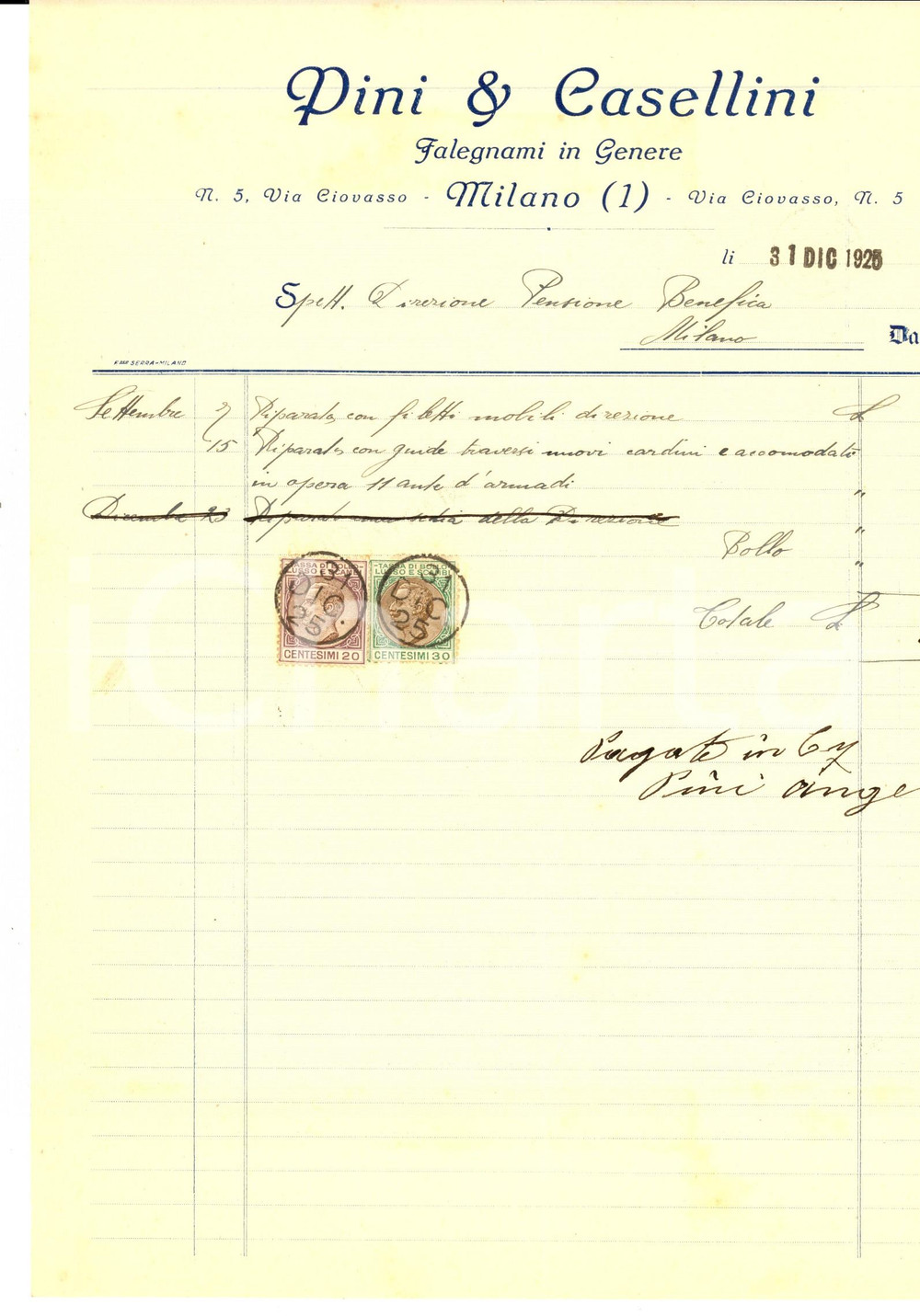 Documento originale, autentico 1925 MILANO Ditta PINI & CASELLINI Falegnami in genere *Fattura intestata 1