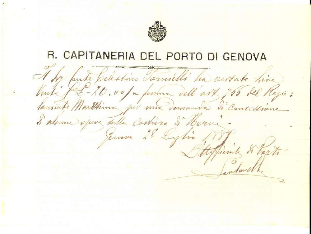 Documento originale, autentico 1885 GENOVA Capitaneria di Porto - Ricevuta concessione opere conte TORNIELLI 1