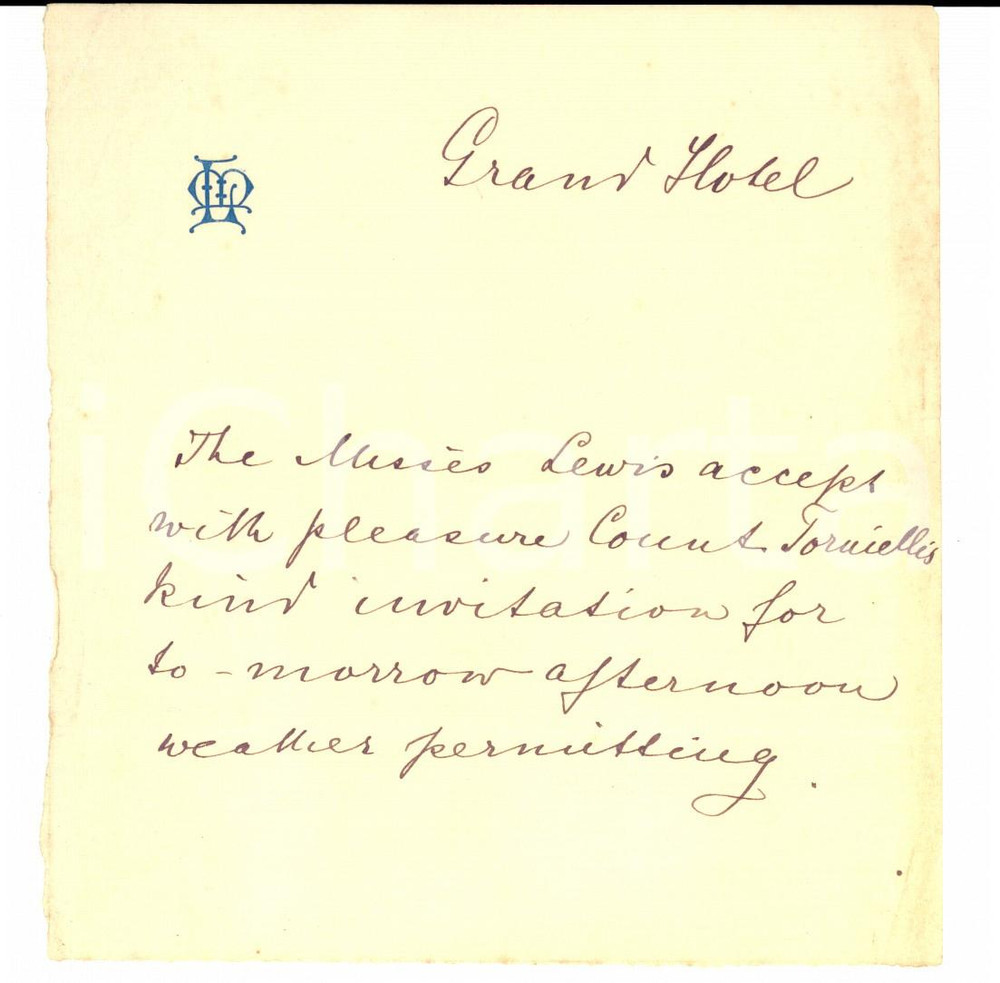 Manoscritto, lettera originale 1900 ca VENEZIA Famiglia LEWIS accetta invito del conte TORNIELLI Biglietto 1