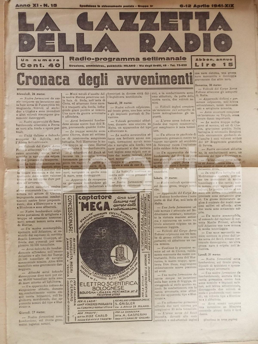 Giornale, rivista storica 1941 GAZZETTA DELLA RADIO Cronaca avvenimenti di guerra Anno XI n° 15 1
