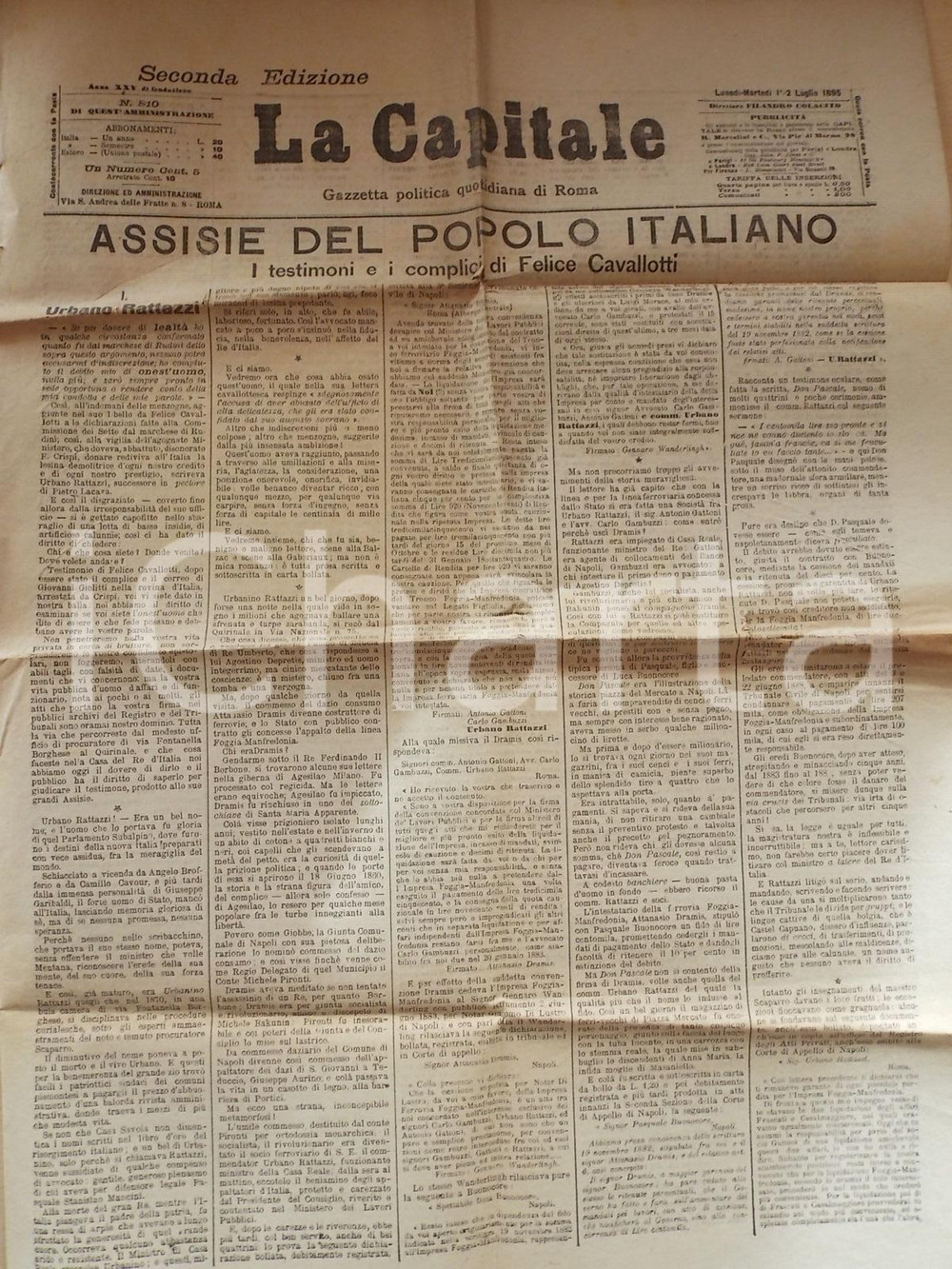 Giornale, rivista storica 1895 LA CAPITALE Testimoni e complici di Felice CAVALLOTTI Gazzetta di Roma 1