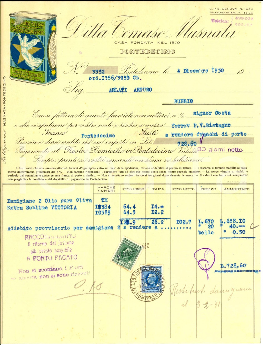 Documento originale, autentico 1930 GENOVA PONTEDECIMO Ditta Tomaso MASNATA olio d'oliva *Fattura intestata 1
