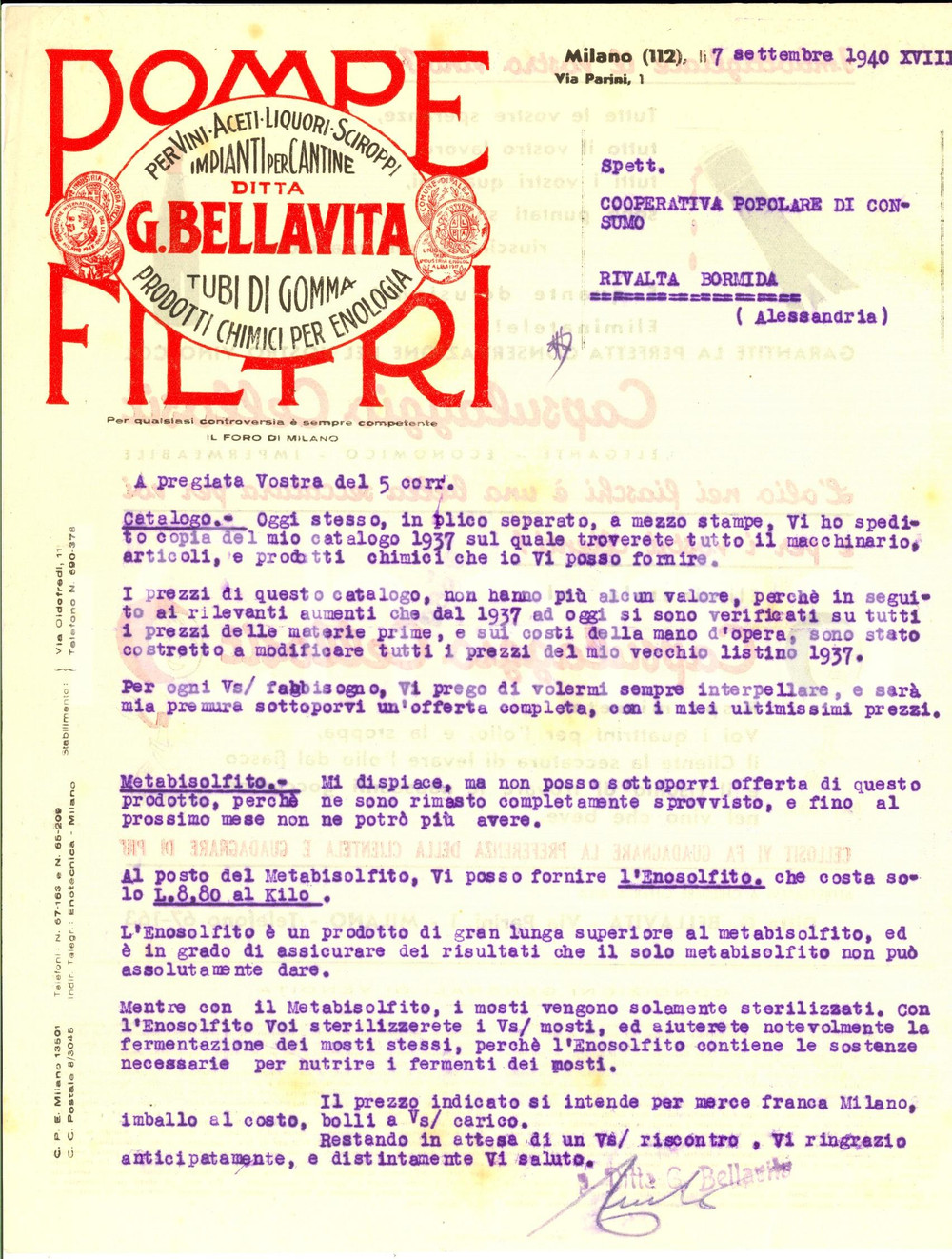 Documento originale, autentico 1940 MILANO Ditta BELLAVITA pompe e filtri *Lettera per invio catalogo 1