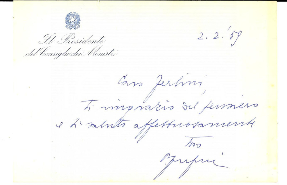 Autografo originale 1959 ROMA Presidente del Consiglio Amintore FANFANI Biglietto auguri *AUTOGRAFO 1
