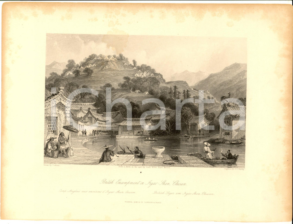 Stampa, bozzetto originale 1843 T. ALLOM - G. N. WRIGHT British Encampment in CHUSAN *Stampa 27x20 cm 1