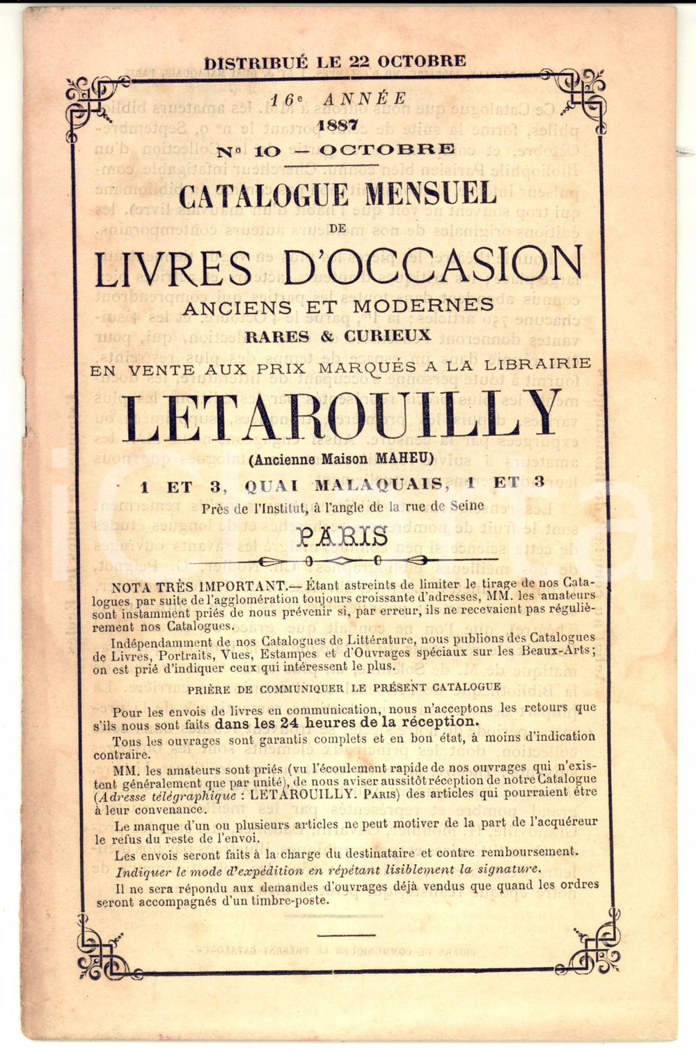 Libro, pubblicazione d epoca 1887 PARIS Librairie LETAROUILLY Catalogue mensuel livres d occasion rares  n°10 1