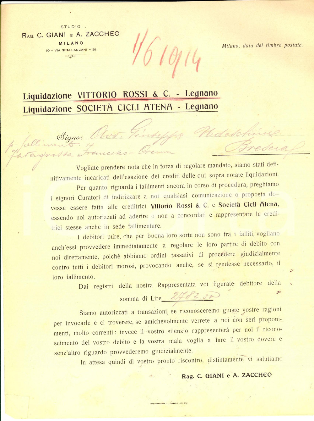 Manoscritto, lettera originale 1914 MILANO Studio GIANI e ZACCHEO Lettera su liquidazione CICLI ATENA LEGNANO 1