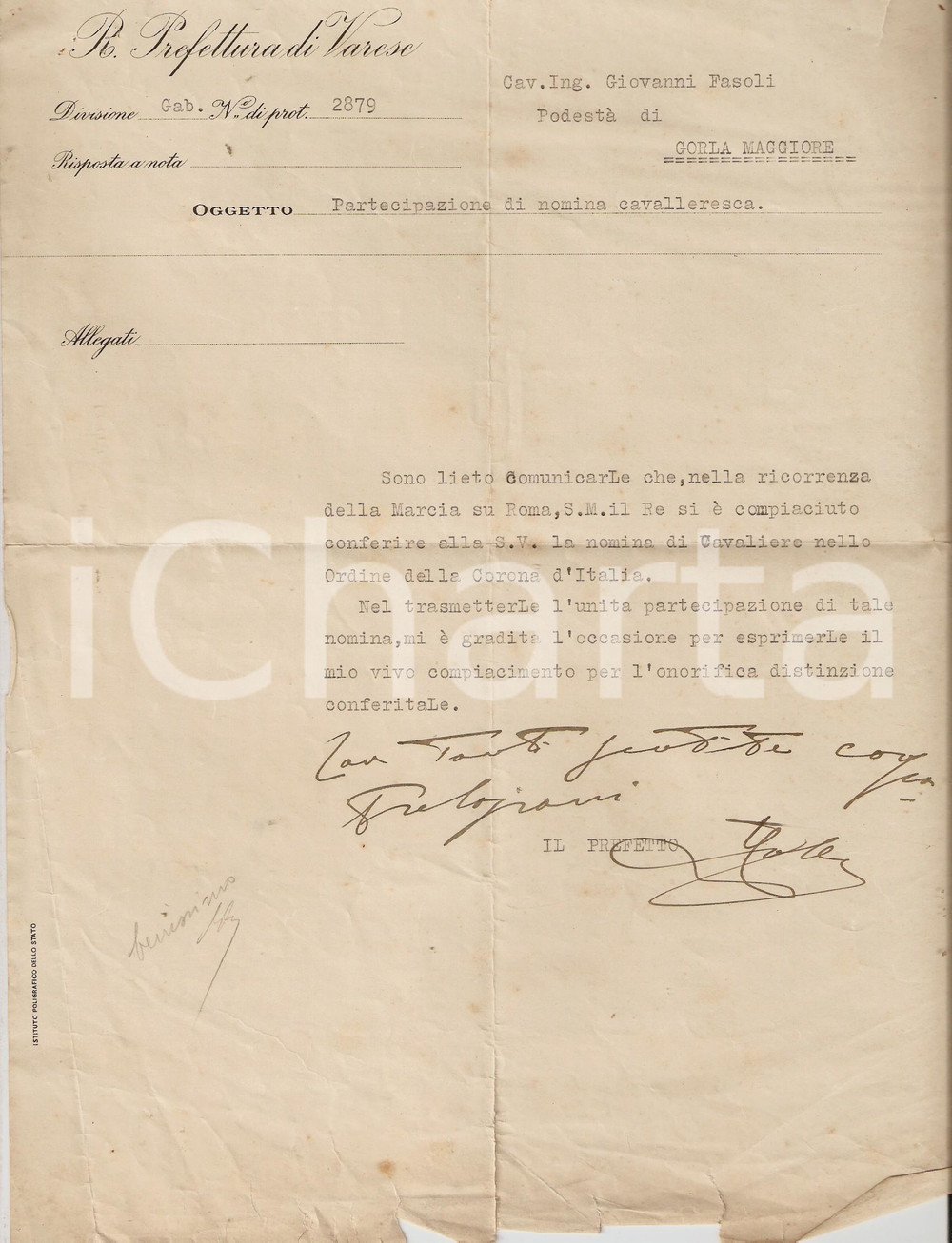 Manoscritto, lettera originale 1931 VARESE Ing. Giovanni FASOLI di GORLA MAGGIORE cavaliere della Corona 1