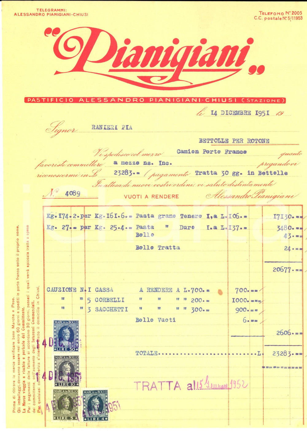 Documento originale, autentico 1951 CHIUSI (SI) Pastificio Alessandro PIANIGIANI *Fattura intestata 1