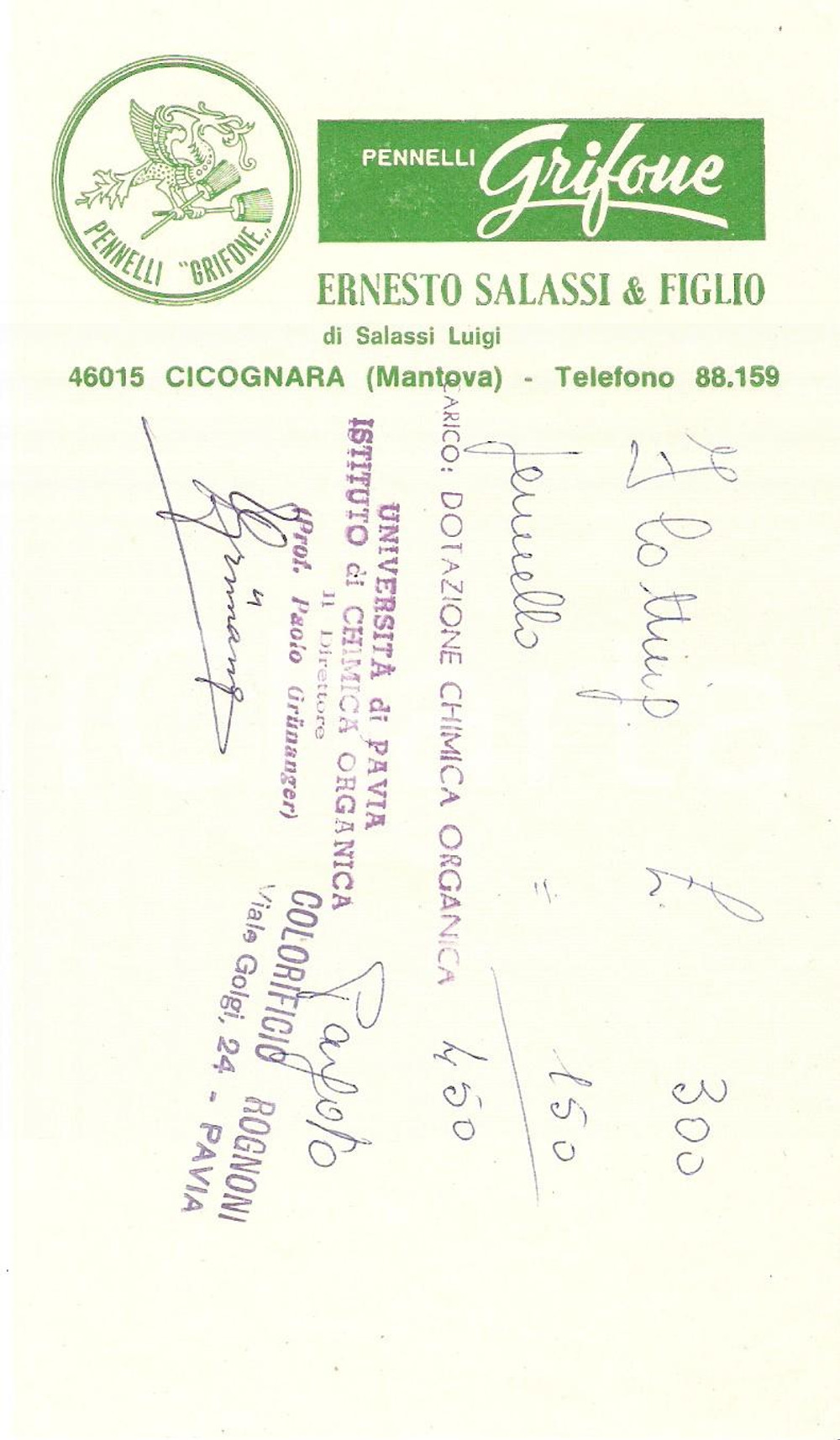 Materiale pubblicitario d’epoca 1965 ca CICOGNARA (MN) Pennelli GRIFONE di Ernesto SALASSI *Ricevuta 10x17 (1) 1