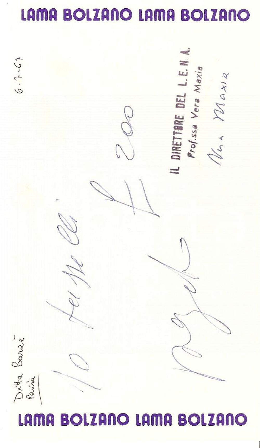 Materiale pubblicitario d’epoca 1967 PAVIA Ditta BARZE' Lama BOLZANO *Ricevuta 9x16 cm 1
