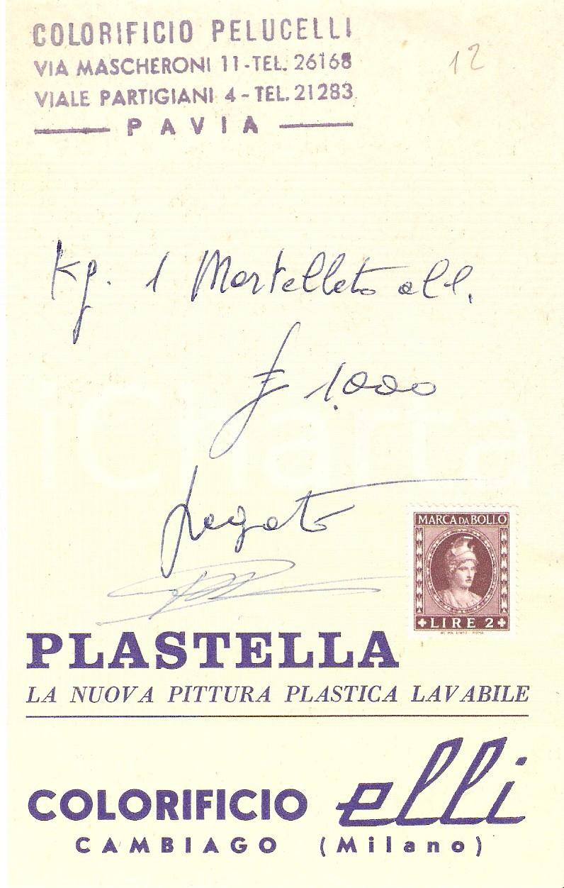 Materiale pubblicitario d’epoca 1965 ca CAMBIAGO (MI) Colorificio ELLI Pittura PLASTELLA *Ricevuta 10x16 cm 1