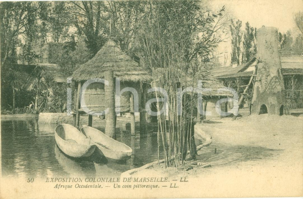 Cartolina originale da collezione 1922 MARSEILLE (F) Exposition Coloniale AFRIQUE OCCIDENTALE Coin pittoresque FP 1